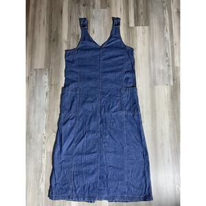 Women’s L Denim Maxi Dress Pockets Lagenlook Cottage Core Modest Vneck Y2K 90s